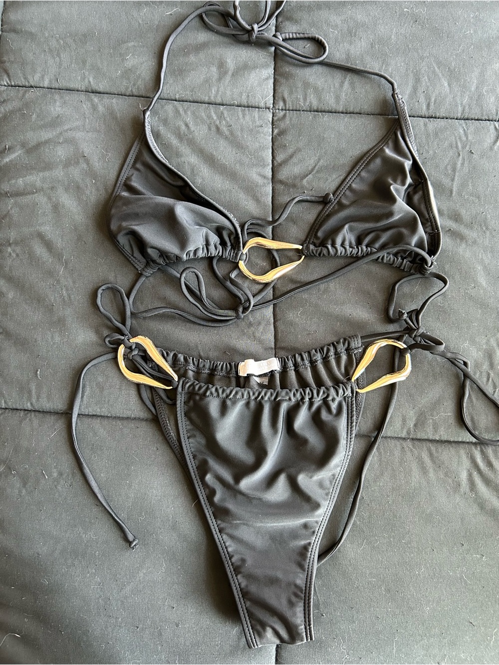 Musera Black Triangle Bikini with Gold Ring Accents - Women Swim Bikinis
